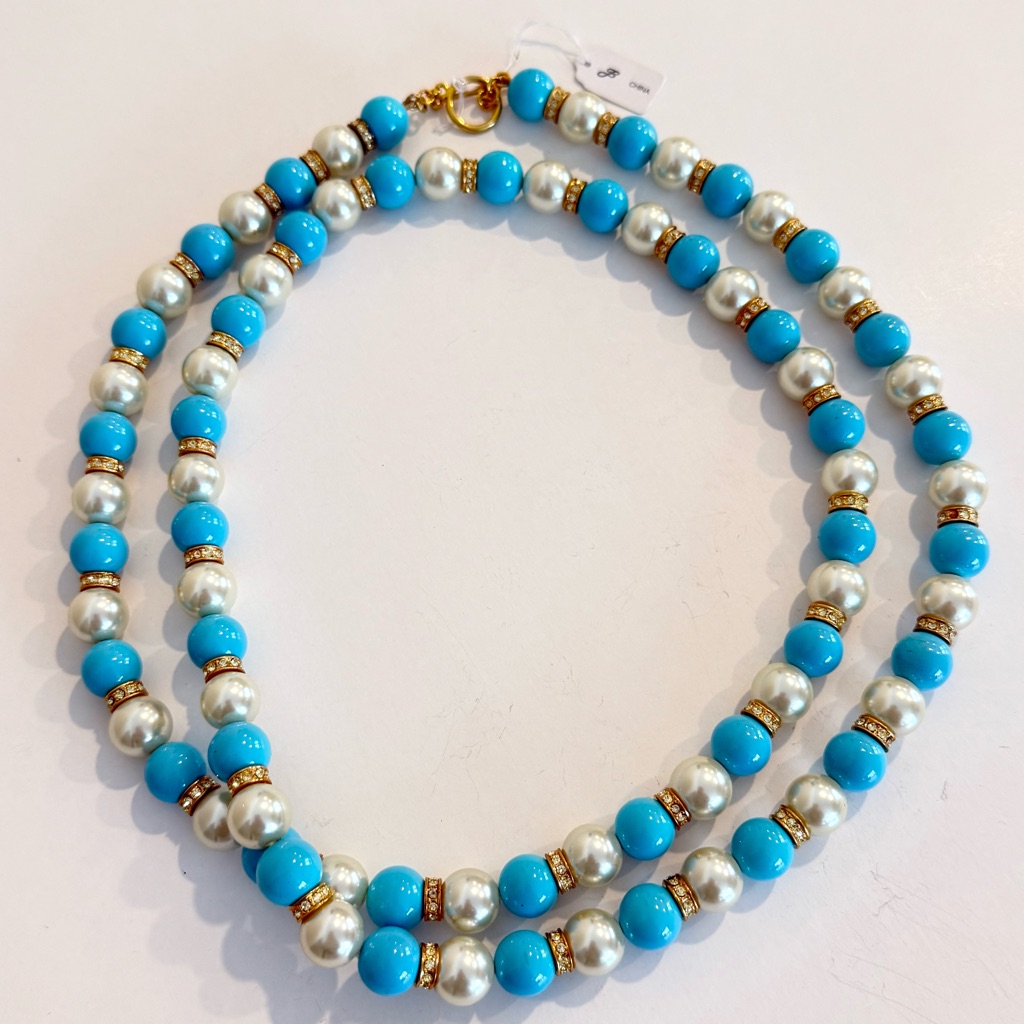 Vintage Joan Boyce Turquoise Blue & Faux Pearl Gold Tone Statement Necklace